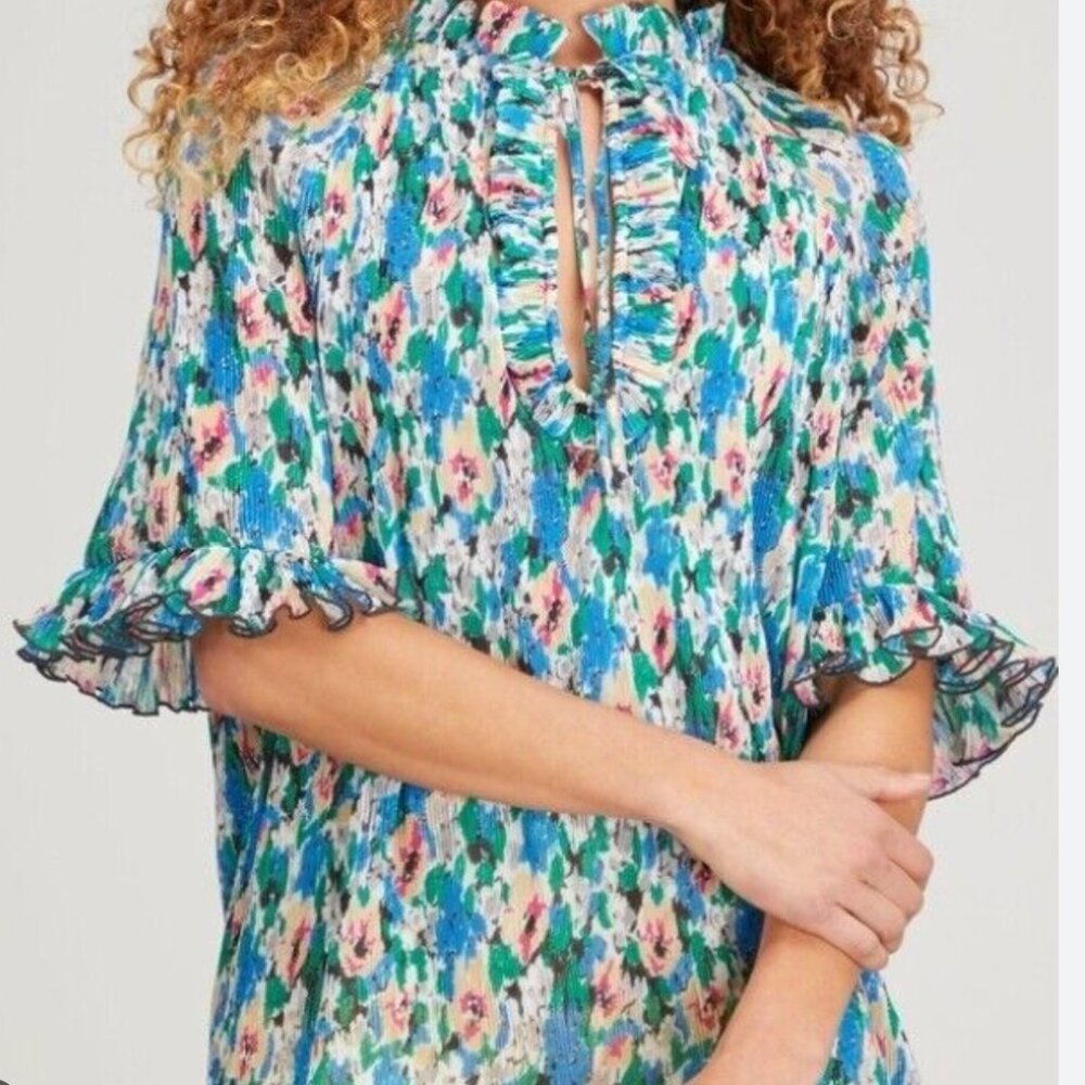 Ganni Pleated Georgette Ruffle V-Neck Raglan Blouse - New Without Tags - Size 36
